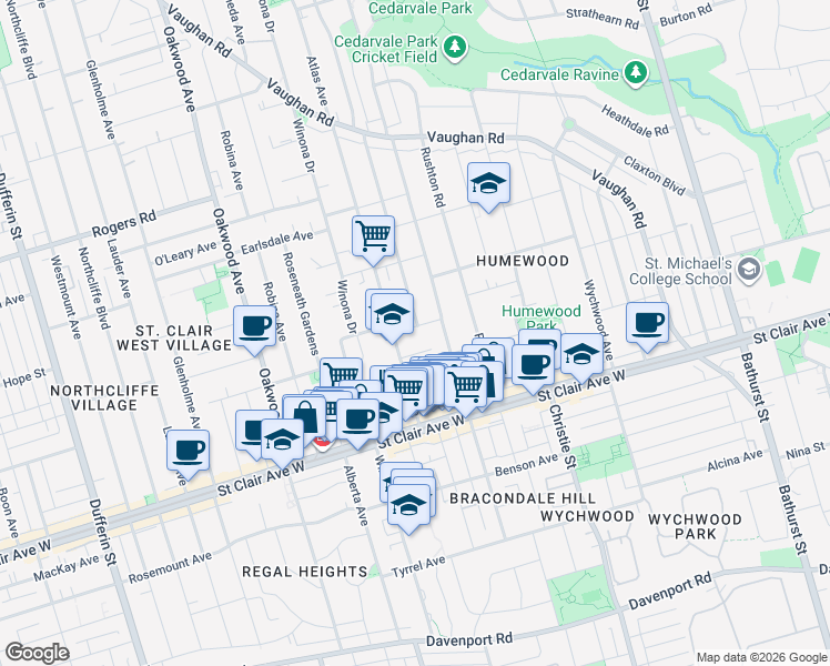 map of restaurants, bars, coffee shops, grocery stores, and more near 47 Atlas Avenue in Toronto