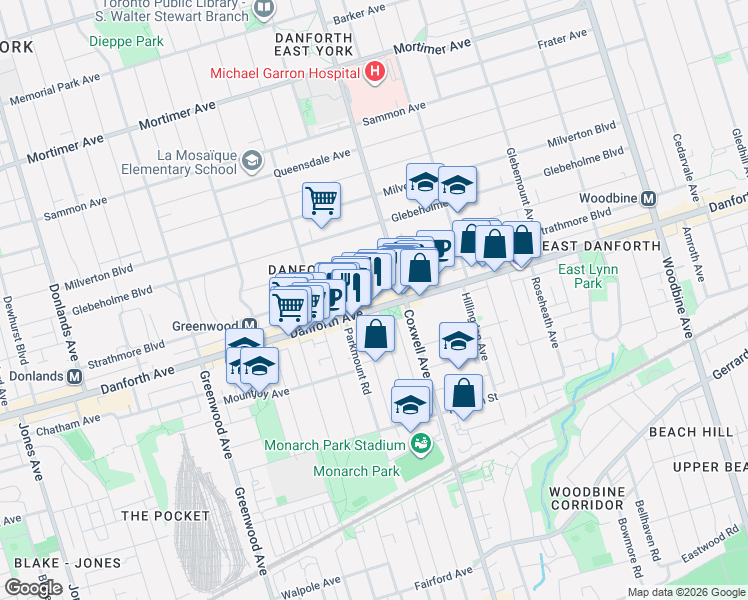map of restaurants, bars, coffee shops, grocery stores, and more near 1524 Danforth Avenue in Toronto