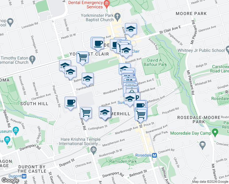 map of restaurants, bars, coffee shops, grocery stores, and more near 45 Woodlawn Avenue West in Toronto