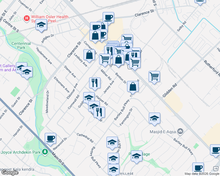 map of restaurants, bars, coffee shops, grocery stores, and more near 21 Jersey Avenue in Brampton
