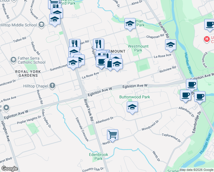map of restaurants, bars, coffee shops, grocery stores, and more near 4010 Eglinton Avenue West in Toronto