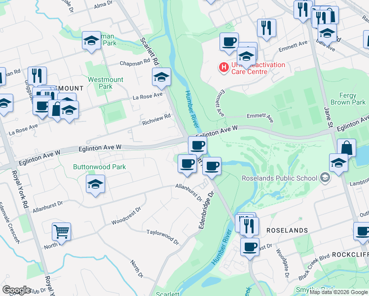 map of restaurants, bars, coffee shops, grocery stores, and more near 38 Fontenay Court in Toronto