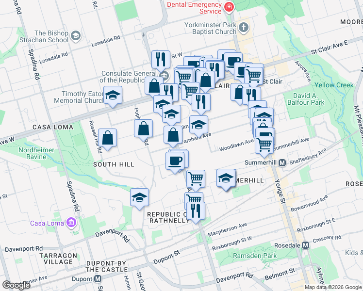 map of restaurants, bars, coffee shops, grocery stores, and more near 425 Avenue Road in Toronto
