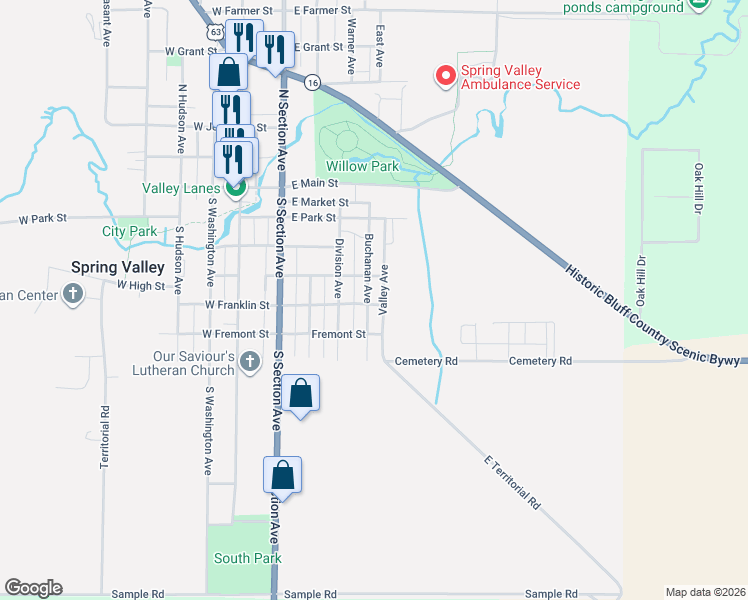 map of restaurants, bars, coffee shops, grocery stores, and more near 601 Buchanan Avenue in Spring Valley
