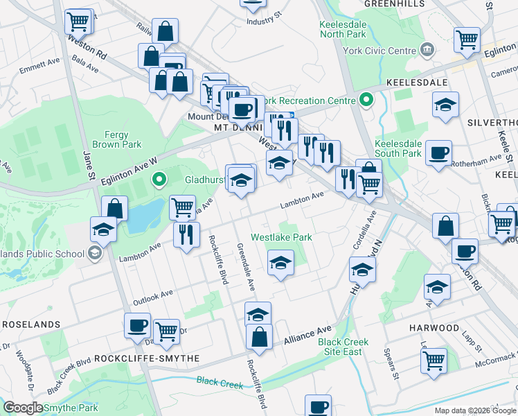 map of restaurants, bars, coffee shops, grocery stores, and more near 66 Lambton Avenue in Toronto