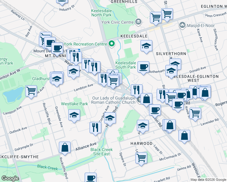 map of restaurants, bars, coffee shops, grocery stores, and more near 878A Weston Road in Toronto