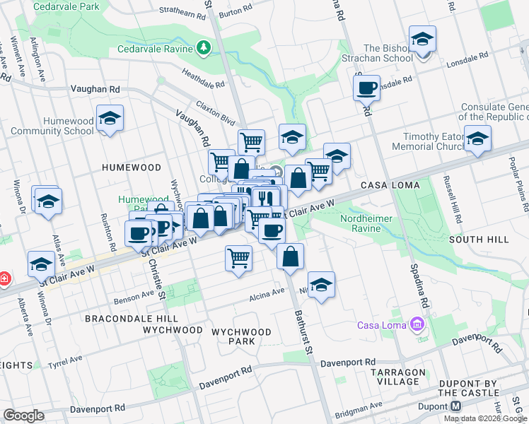 map of restaurants, bars, coffee shops, grocery stores, and more near 500 Saint Clair Avenue West in Toronto