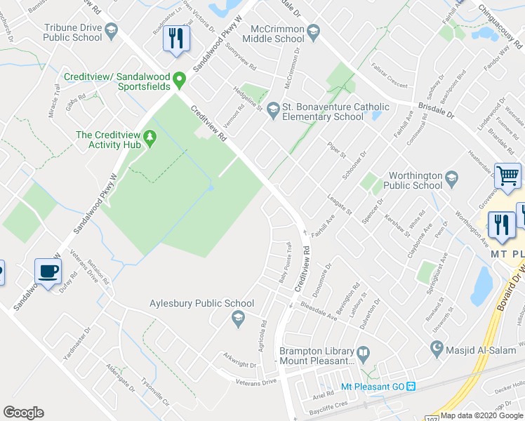 map of restaurants, bars, coffee shops, grocery stores, and more near 80 Aylesbury Drive in Brampton