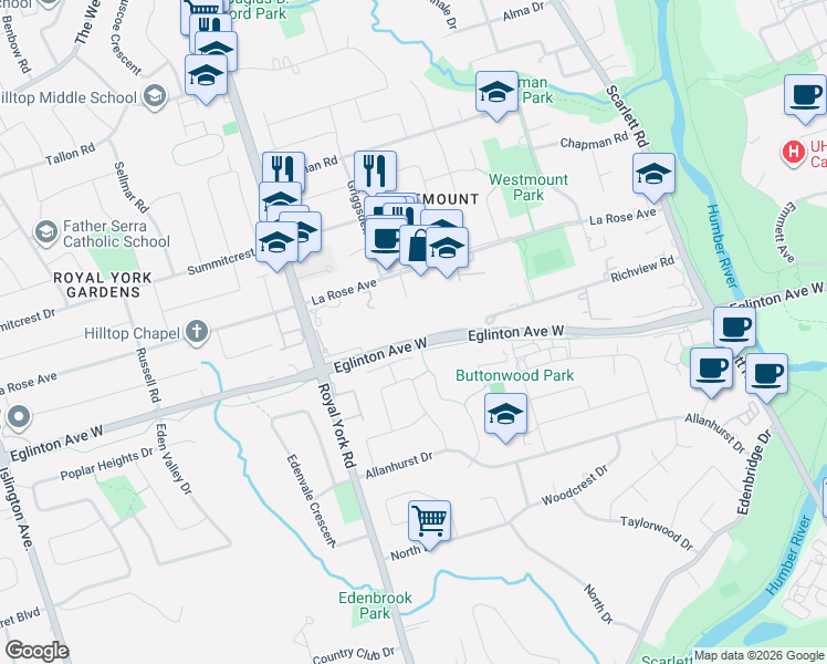 map of restaurants, bars, coffee shops, grocery stores, and more near in Toronto