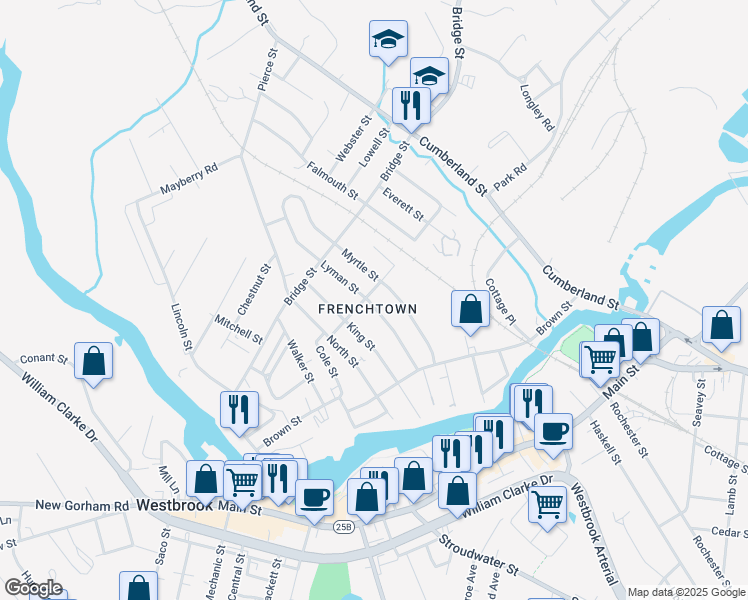 map of restaurants, bars, coffee shops, grocery stores, and more near 55 Lyman Street in Westbrook
