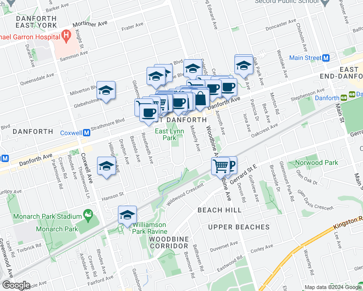 map of restaurants, bars, coffee shops, grocery stores, and more near in Toronto