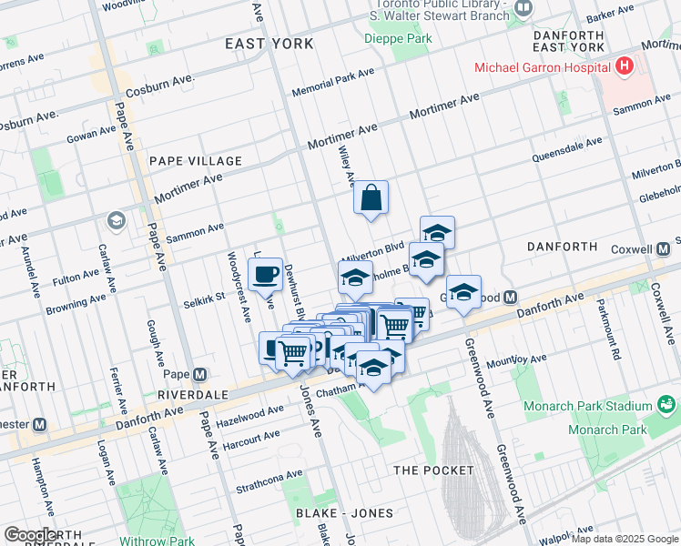 map of restaurants, bars, coffee shops, grocery stores, and more near in Toronto