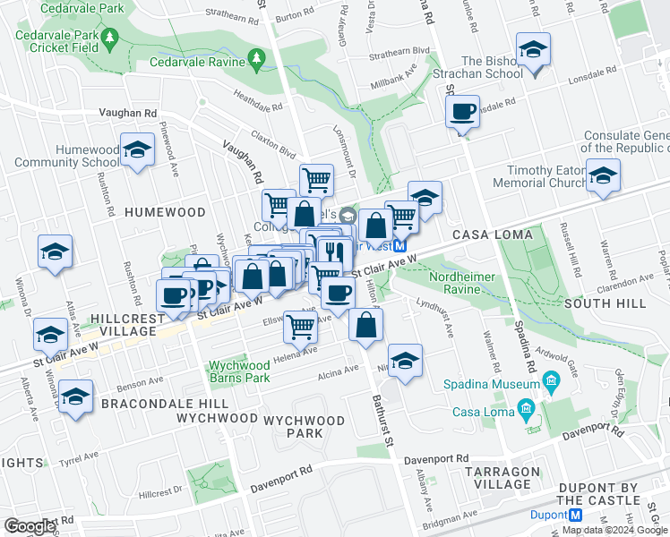 map of restaurants, bars, coffee shops, grocery stores, and more near 531 Saint Clair Avenue West in Toronto