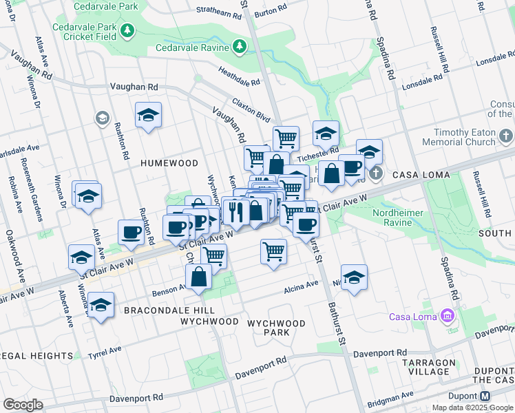 map of restaurants, bars, coffee shops, grocery stores, and more near in Toronto