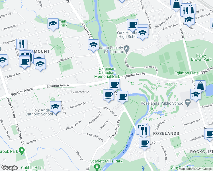 map of restaurants, bars, coffee shops, grocery stores, and more near in Toronto