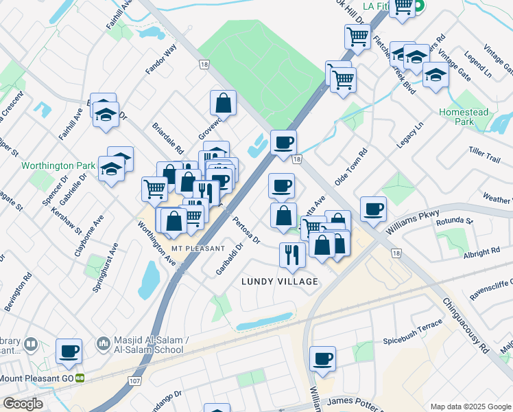 map of restaurants, bars, coffee shops, grocery stores, and more near 6 Summerdale Crescent in Brampton