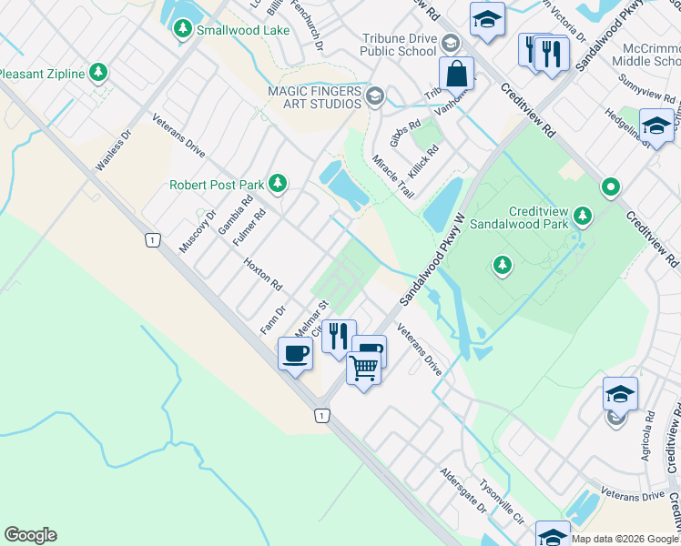 map of restaurants, bars, coffee shops, grocery stores, and more near 55 Fann Drive in Brampton