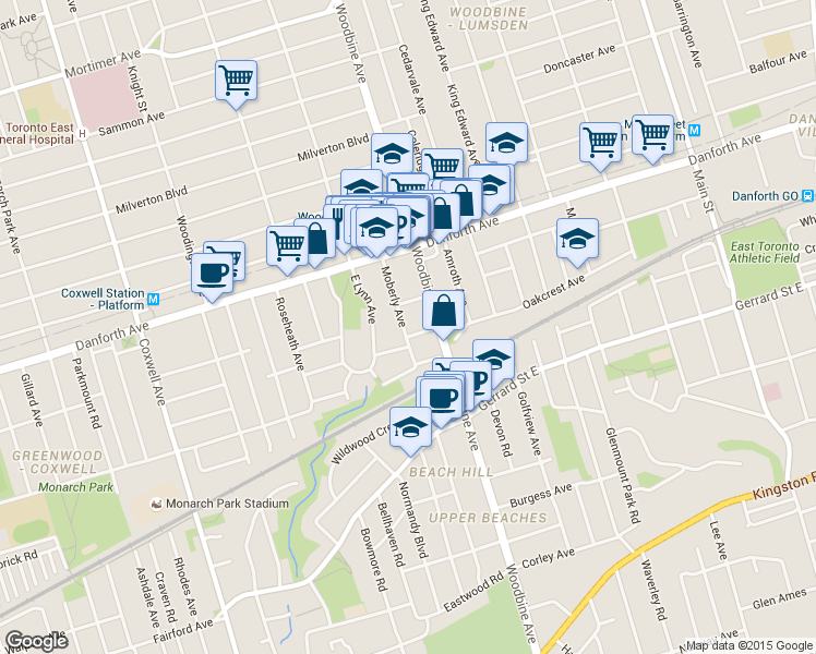 map of restaurants, bars, coffee shops, grocery stores, and more near 37 Moberly Avenue in Toronto