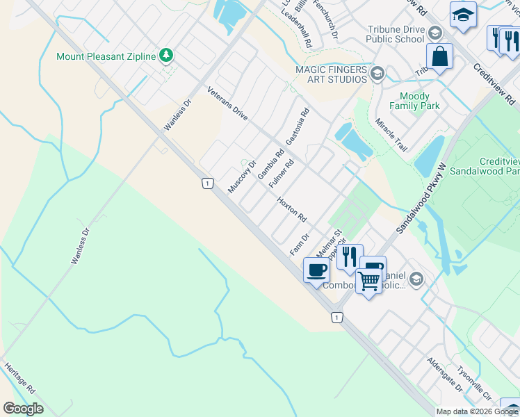 map of restaurants, bars, coffee shops, grocery stores, and more near 24 Pennycross Crescent in Brampton