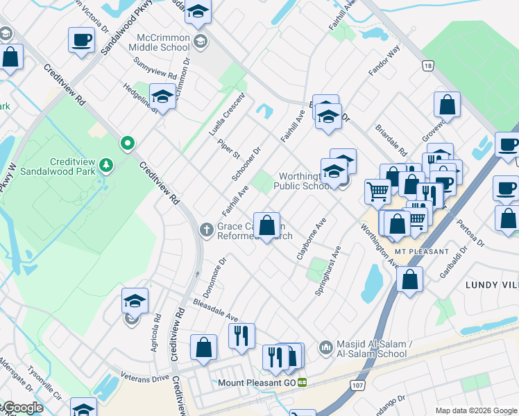 map of restaurants, bars, coffee shops, grocery stores, and more near 56 Spencer Drive in Brampton