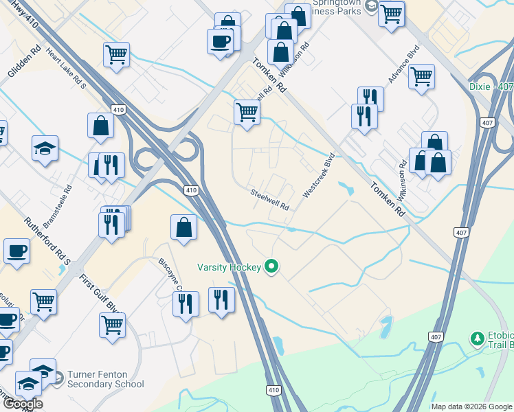 map of restaurants, bars, coffee shops, grocery stores, and more near 0 Steelwell Road in Brampton