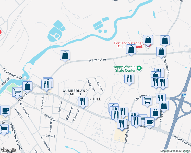 map of restaurants, bars, coffee shops, grocery stores, and more near 29 Fairfield Avenue in Westbrook