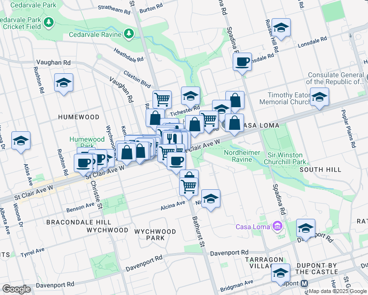 map of restaurants, bars, coffee shops, grocery stores, and more near 490 Saint Clair Avenue West in Toronto