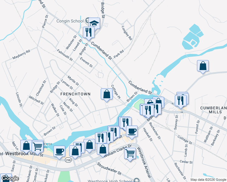 map of restaurants, bars, coffee shops, grocery stores, and more near 52 Cottage Place in Westbrook