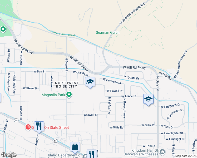 map of restaurants, bars, coffee shops, grocery stores, and more near 7681 Roe Avenue in Boise