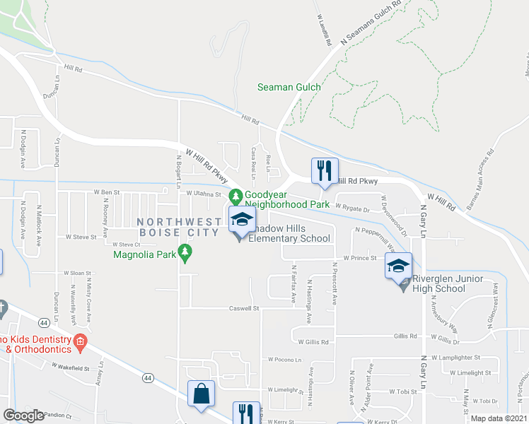 map of restaurants, bars, coffee shops, grocery stores, and more near 7681 North Roe Avenue in Boise