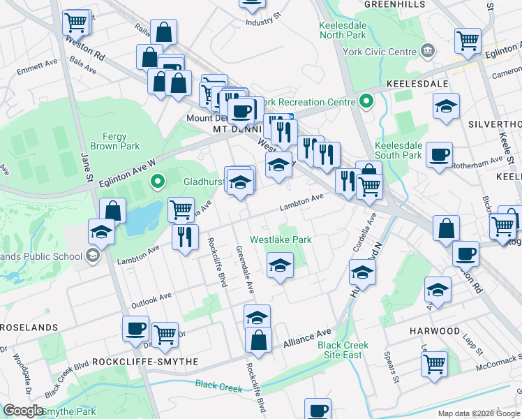map of restaurants, bars, coffee shops, grocery stores, and more near 66 Lambton Avenue in Toronto