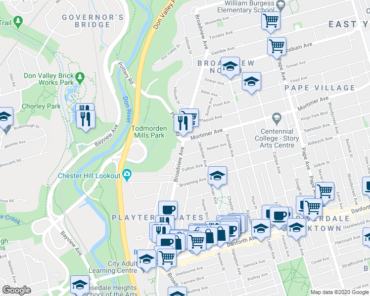 map of restaurants, bars, coffee shops, grocery stores, and more near 979 Broadview Avenue in Toronto