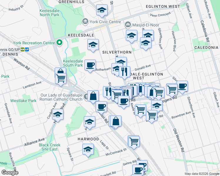 map of restaurants, bars, coffee shops, grocery stores, and more near 2 Bicknell Avenue in Toronto