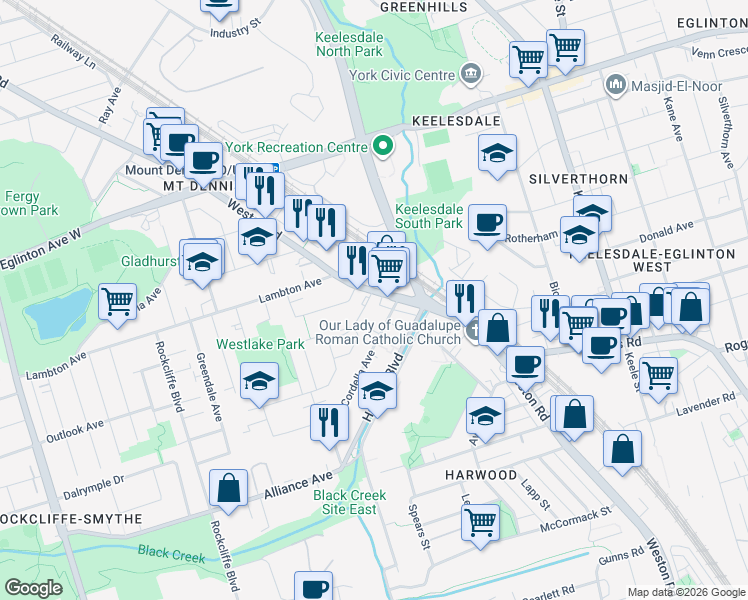 map of restaurants, bars, coffee shops, grocery stores, and more near 5A Jasper Avenue in Toronto
