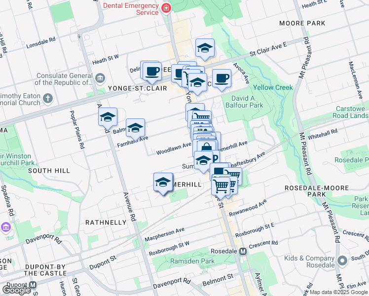map of restaurants, bars, coffee shops, grocery stores, and more near 33 Woodlawn Avenue West in Toronto