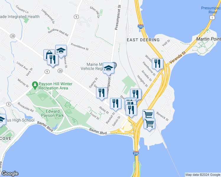 map of restaurants, bars, coffee shops, grocery stores, and more near 197 Sherwood Street in Portland