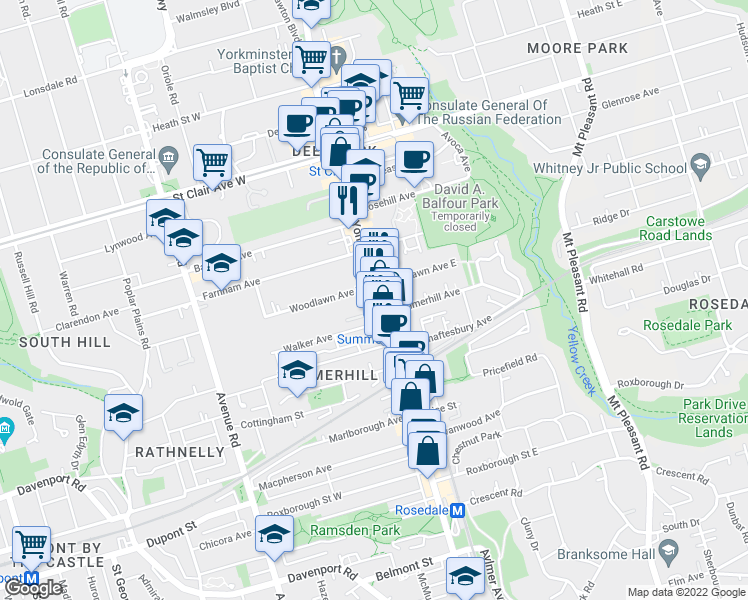 map of restaurants, bars, coffee shops, grocery stores, and more near 1266 Yonge Street in Toronto