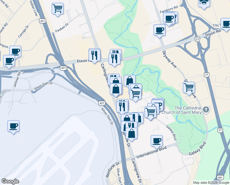map of restaurants, bars, coffee shops, grocery stores, and more near 215 Carlingview Drive in Toronto