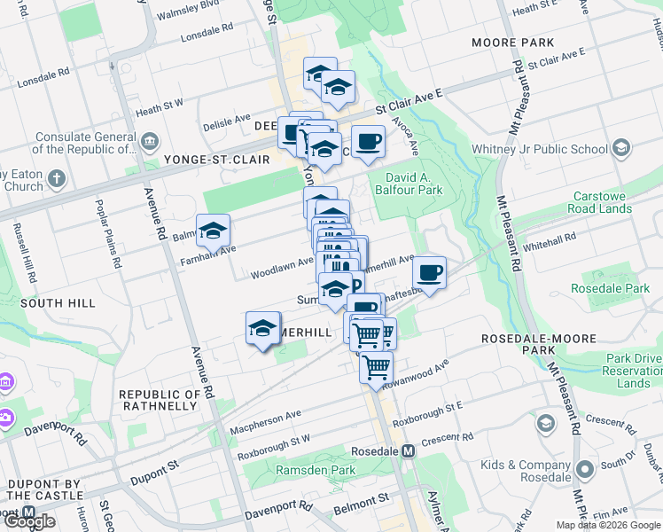 map of restaurants, bars, coffee shops, grocery stores, and more near 1266 Yonge Street in Toronto