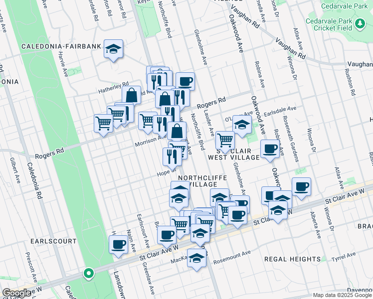 map of restaurants, bars, coffee shops, grocery stores, and more near 290 Westmount Avenue in Toronto