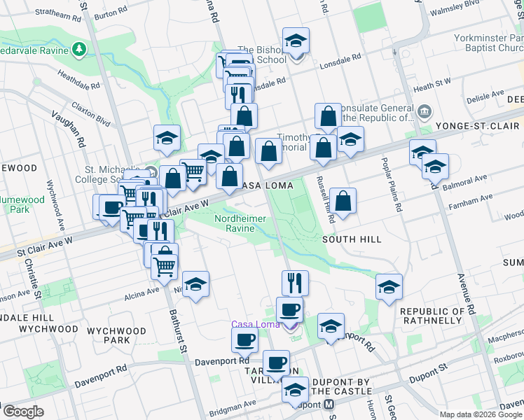 map of restaurants, bars, coffee shops, grocery stores, and more near 330 Spadina Road in Toronto