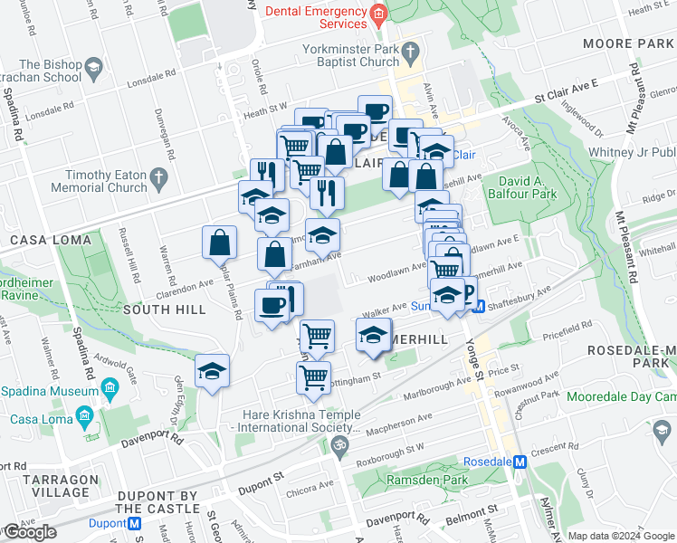 map of restaurants, bars, coffee shops, grocery stores, and more near 110 Woodlawn Avenue West in Toronto