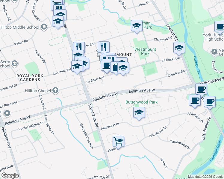 map of restaurants, bars, coffee shops, grocery stores, and more near 2 Eglinton Avenue West in Toronto
