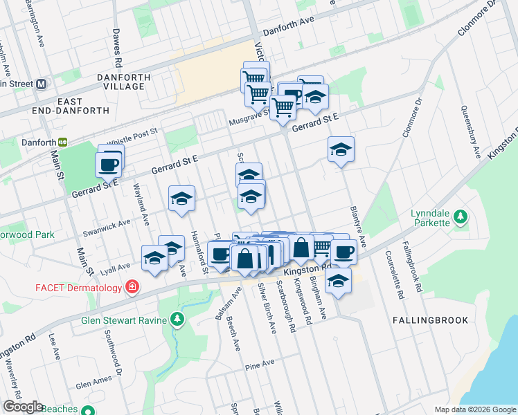 map of restaurants, bars, coffee shops, grocery stores, and more near 383 Scarborough Road in Toronto