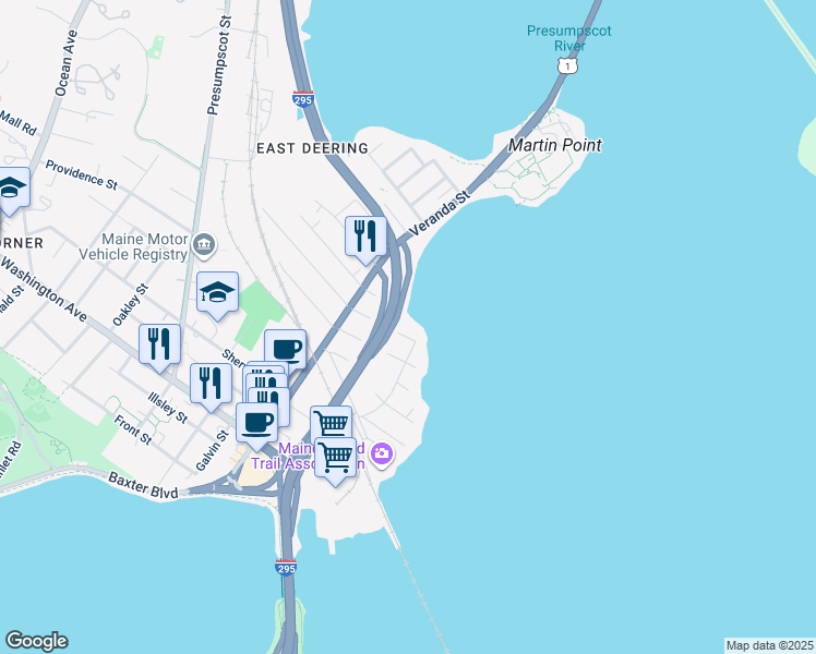 map of restaurants, bars, coffee shops, grocery stores, and more near 4 Island Street in Portland