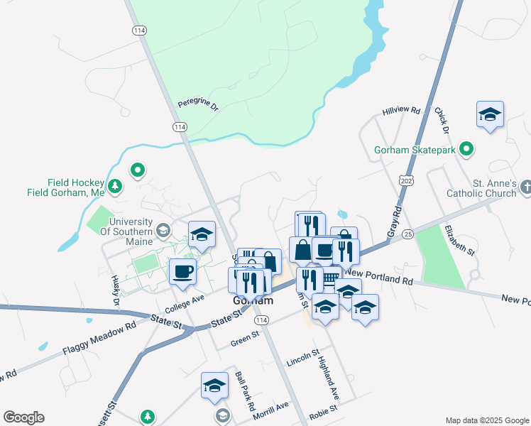 map of restaurants, bars, coffee shops, grocery stores, and more near 24 Glenwood Avenue in Gorham