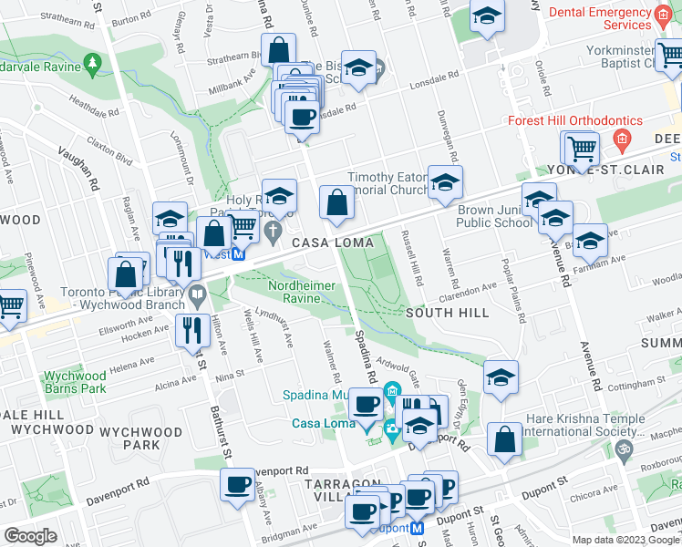 map of restaurants, bars, coffee shops, grocery stores, and more near 330 Spadina Road in Toronto
