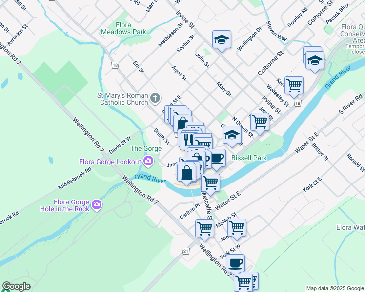 map of restaurants, bars, coffee shops, grocery stores, and more near 35 Margaret Street in Elora