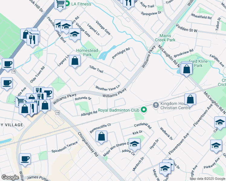 map of restaurants, bars, coffee shops, grocery stores, and more near 1 Oxtail Lane in Brampton