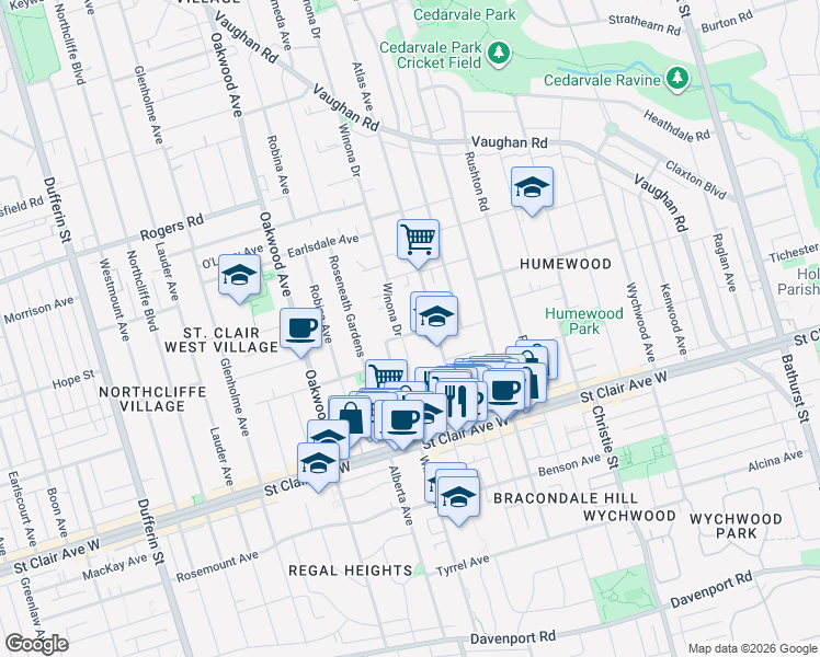 map of restaurants, bars, coffee shops, grocery stores, and more near 8 Dundurn Crescent in Toronto
